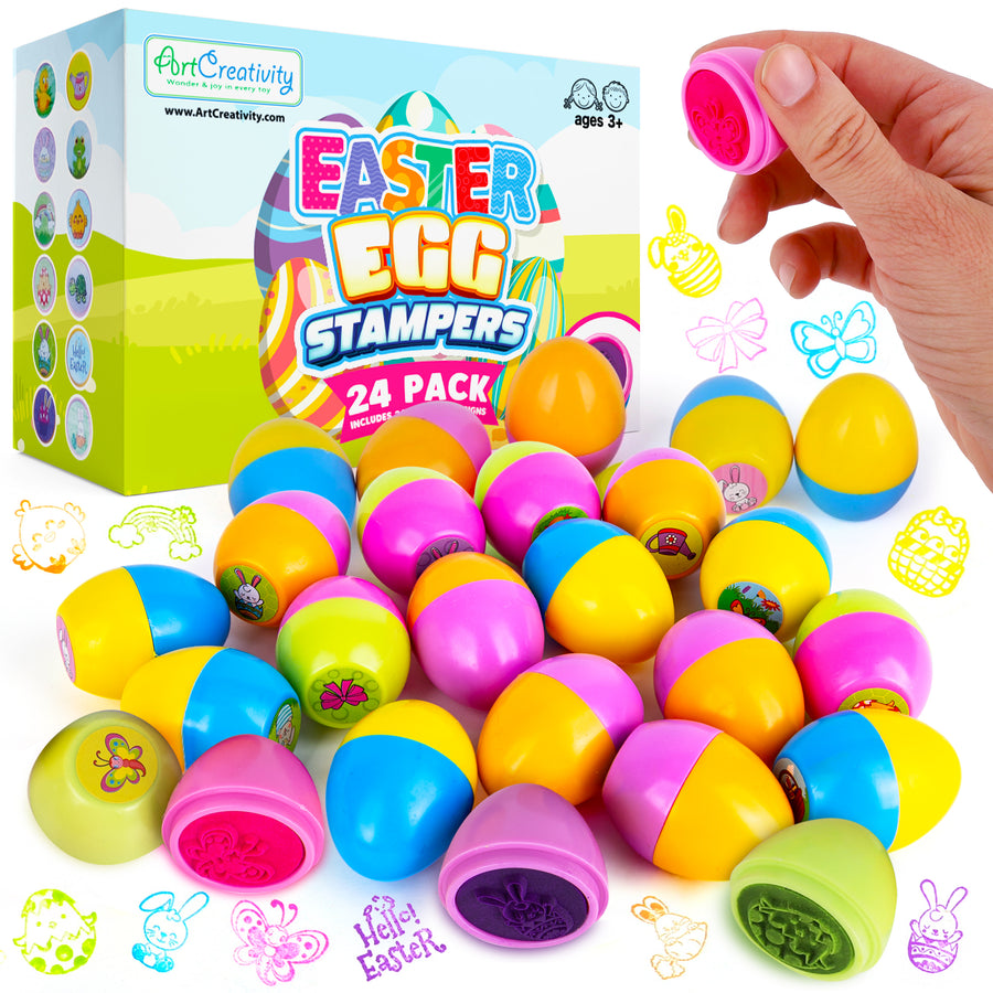 Easter Egg Stampers - Set of 24 - Self Inking Mini Stamps for Kids Easter Eggs Hunt Game - DIY Easter Classroom Craft Toys with Vibrant Colors