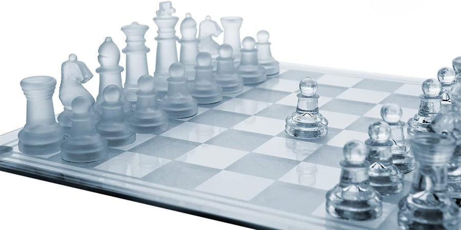 Glass Chess Set, Elegant Design - Durable Build - Fully Functional - 32 Frosted and Clear Pieces - Felted Bottoms - Easy to Carry - Reassuringly Stable (12")