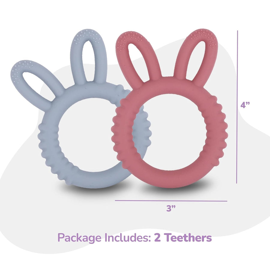 Bunny Baby Teething Rings - Set of 2 - Silicone Baby Teething Toys - Nubs for Soothing Teething Relief - Soft Fidget Toys for Kids - Bunny Shaped Easter Gifts