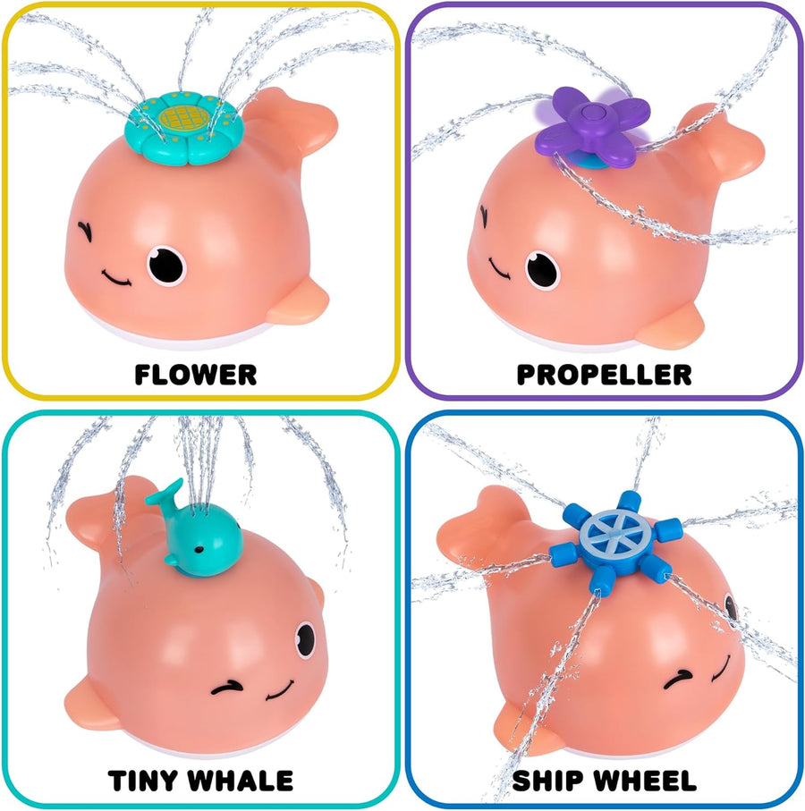 Light Up Whale Bath Toy Sprinkler - Spraying Whale Bath Toy with 4 Sprinkler Attachments