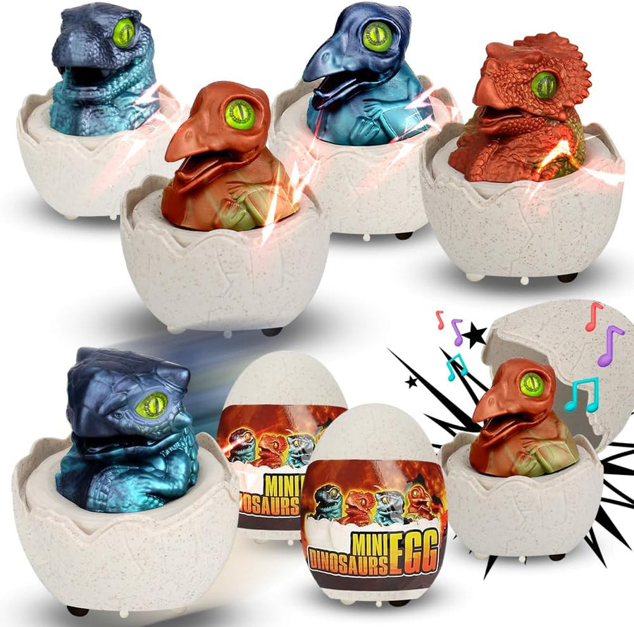 Dinosaur Easter Eggs Cars - Set of 4 - Push Down Dino Cars with Lights, Sounds, and Batteries - Variety of Dinosaur Toys - Easter Egg Hunt Supplies