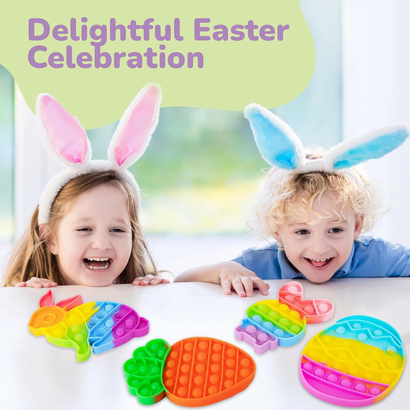 Easter Popper - 4 Pack - Easter Pop Its Bubble Fidget Sensory Toys for Kids - Basket Stocking Stuffers with Colorful Egg, Carrot, and 2 Bunny Rabbits