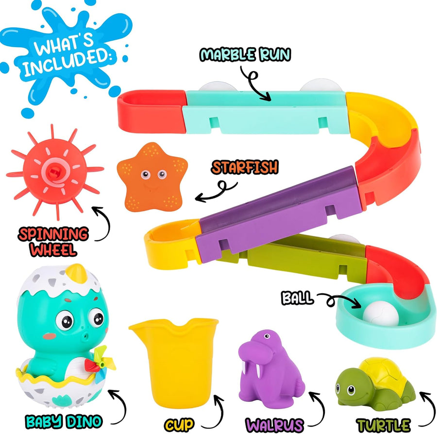 Interactive Bathtub Slide Set - Bath Slide Set with Bathtub Slide, Waterfall, Marble Run, Spinning Pinwheels, and Unique Squirt Toys (Turtle, Walrus, and Starfish) - Stong Suction Cups
