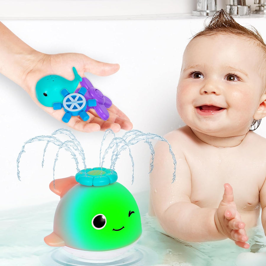Light Up Whale Bath Toy Sprinkler - Spraying Whale Bath Toy with 4 Sprinkler Attachments