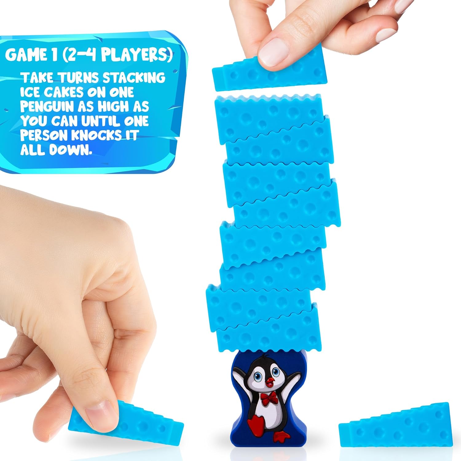 Stacking Penguin Ice Game for Kids - 20 Ice Stacking Toy Pieces, 2 Penguins, and Sticker Sheet - 3 Unique Challenges