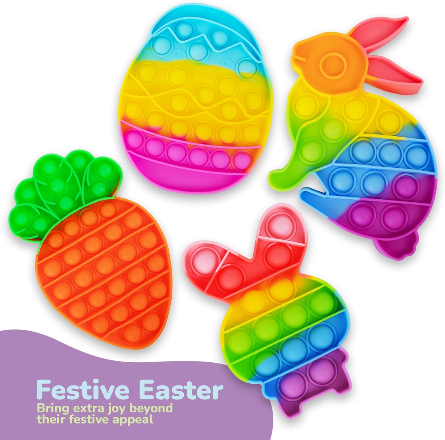 Easter Popper - 4 Pack - Easter Pop Its Bubble Fidget Sensory Toys for Kids - Basket Stocking Stuffers with Colorful Egg, Carrot, and 2 Bunny Rabbits
