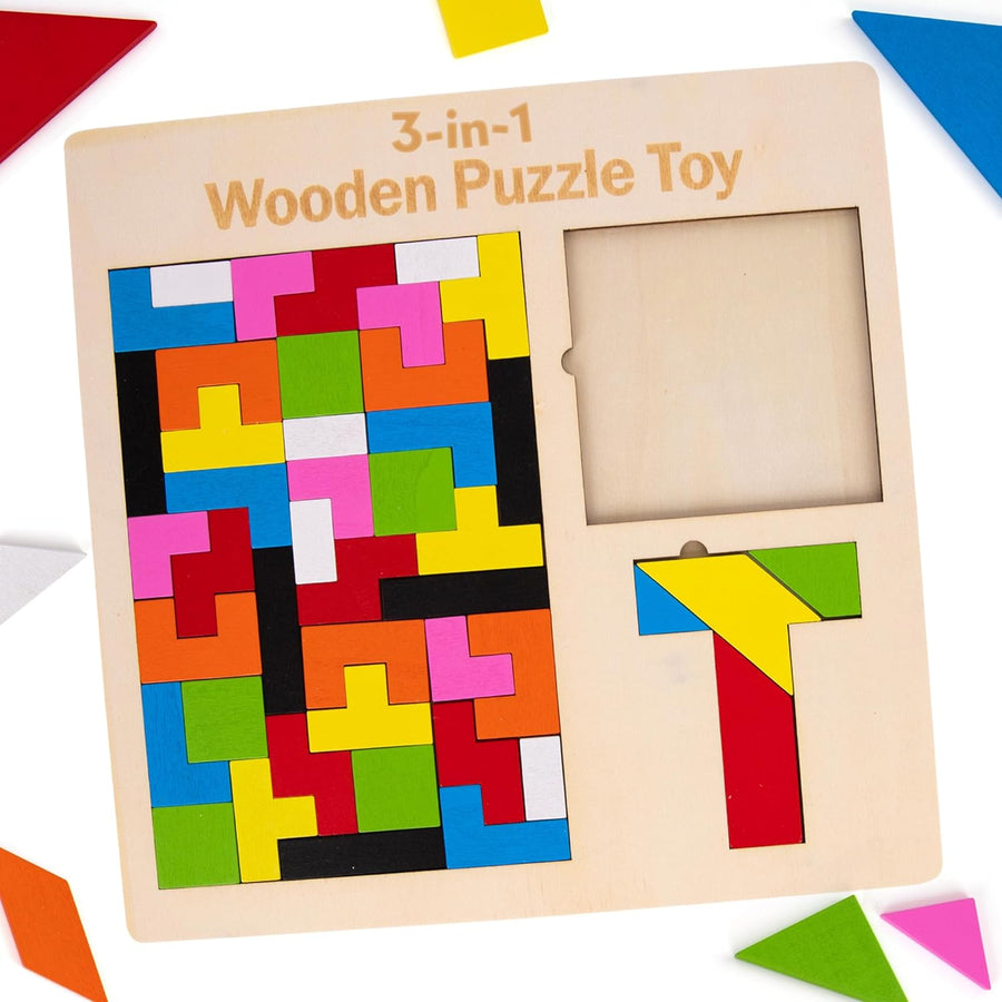 Wooden Block Puzzle for Kids - Montessori Puzzle with Wooden Board and Wooden Puzzle Pieces - 3D Tangram Puzzle for Ages 4 5 6 7 8 9 10