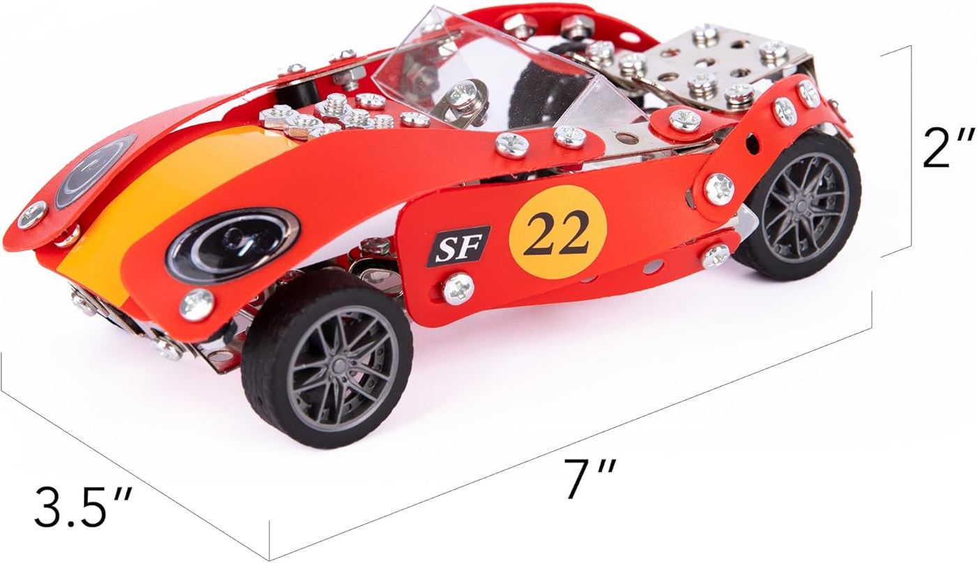 Metal Model Car Building Kit - 230 PC 3D Car Model Kit - STEM Metal Car Building Kit for Boys - Red Vintage Toy Racecar with Moving Wheels