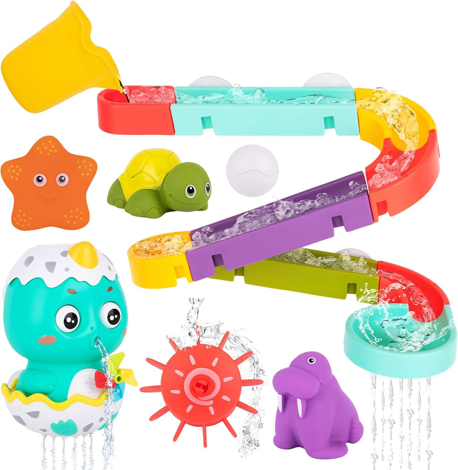 Interactive Bathtub Slide Set - Bath Slide Set with Bathtub Slide, Waterfall, Marble Run, Spinning Pinwheels, and Unique Squirt Toys (Turtle, Walrus, and Starfish) - Stong Suction Cups