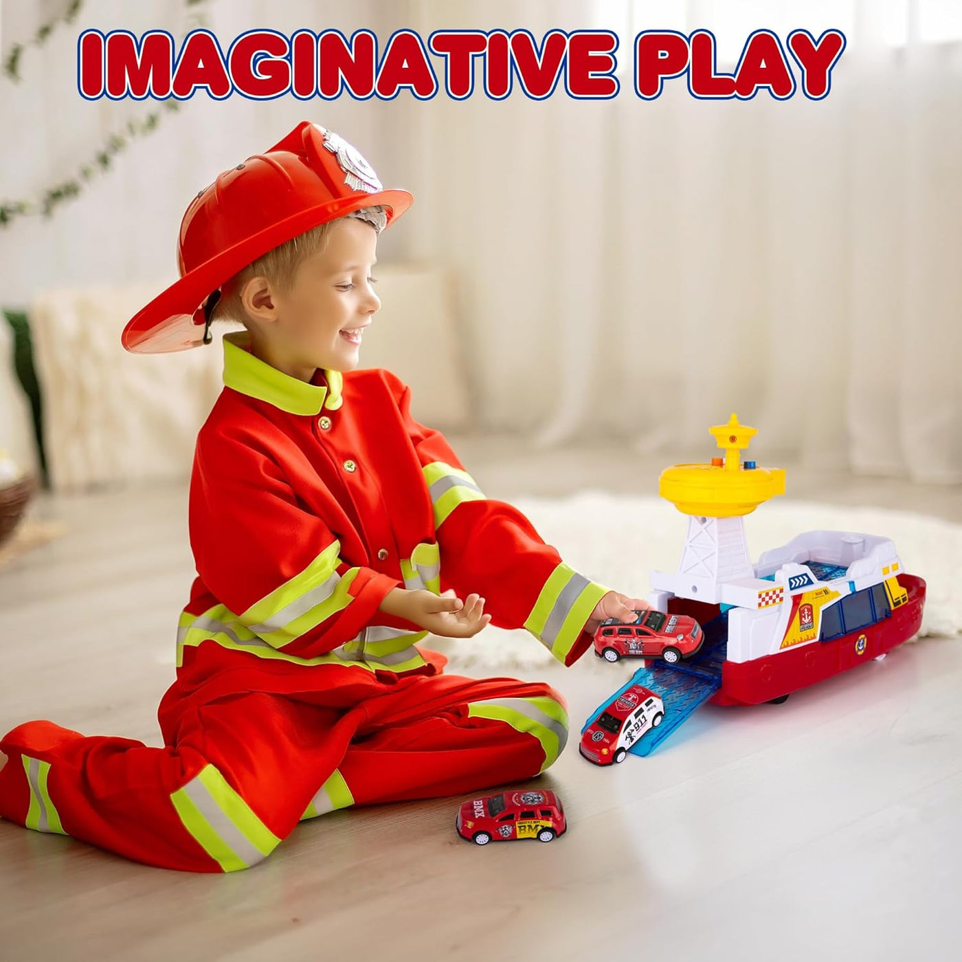 LED Ferry Boat Toy with Sounds - Colorful Coast Guard Toy Boat with Wheels & 3 Alloy Metal Cars