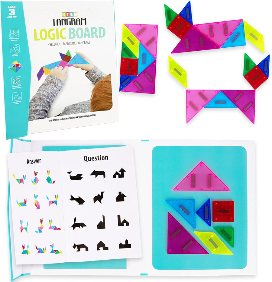Travel Tangram for Kids - Magnetic Tangram Puzzle Set with 7 Magnetic Tiles, Booklet with 96 Challenges, and Portable Book Cover