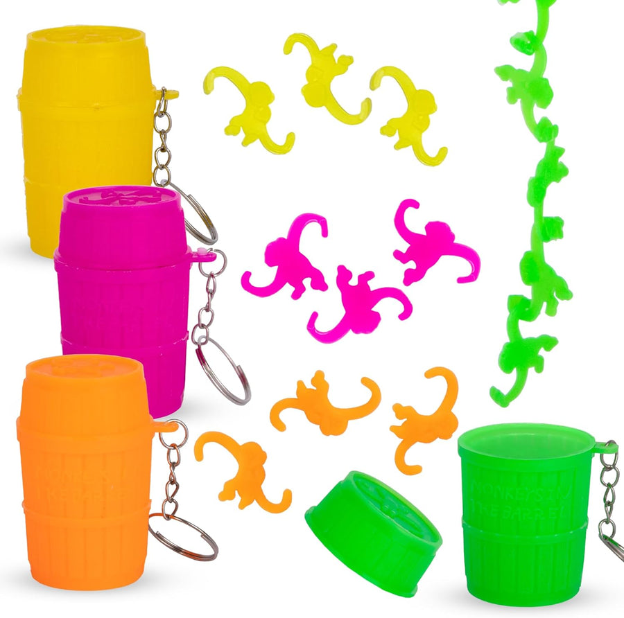 Mini Monkey in a Barrel Keychains for Kids - Set of 12 - Retro Fidget Friendly Keychains with 10 Monkeys in Each Barrel