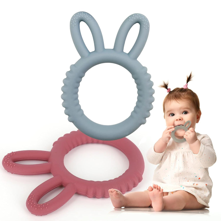 Bunny Baby Teething Rings - Set of 2 - Silicone Baby Teething Toys - Nubs for Soothing Teething Relief - Soft Fidget Toys for Kids - Bunny Shaped Easter Gifts