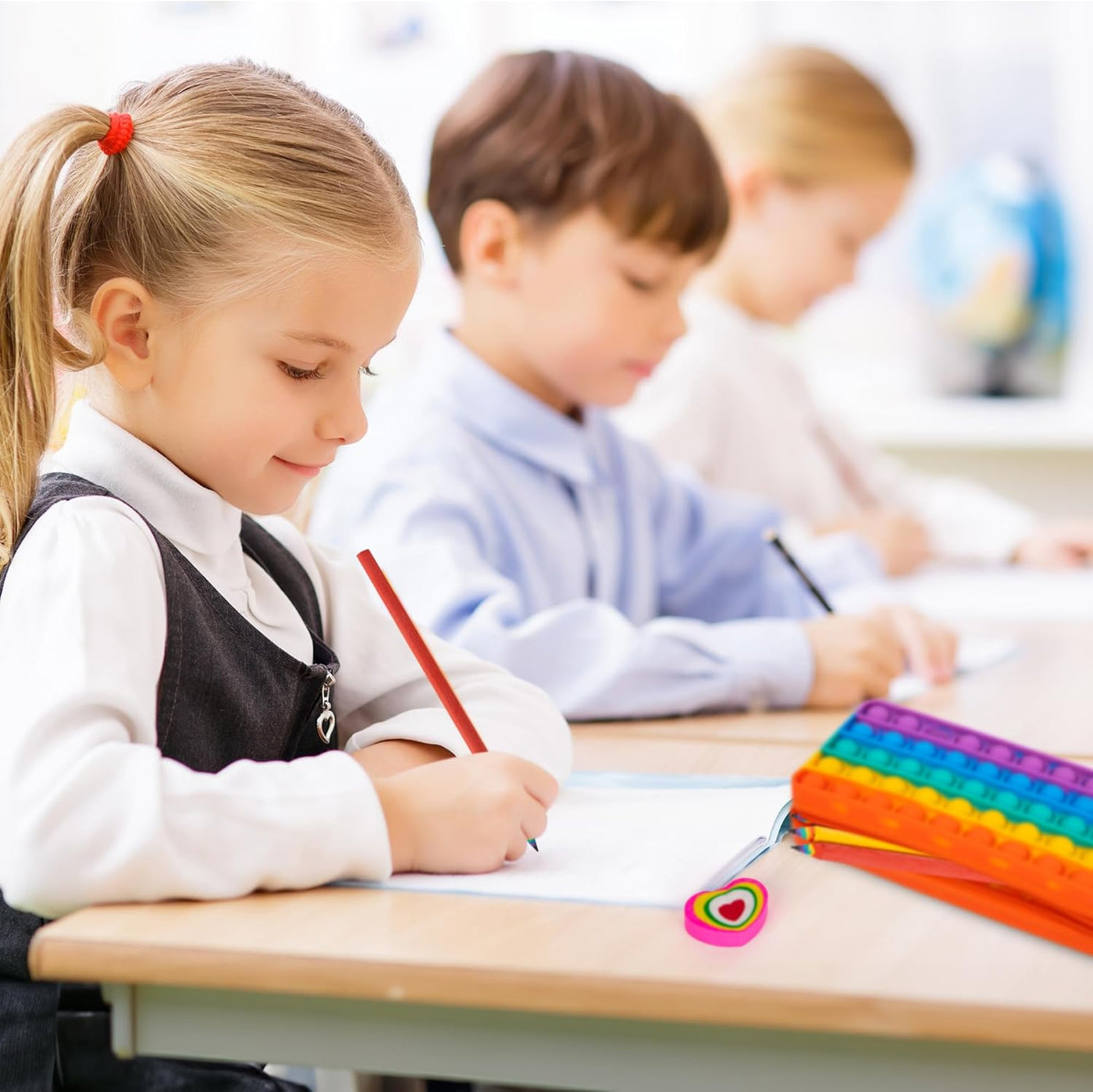 Pop It Pencil Case for Kids - Silicone Pop Up Pencil Case with 6 Colorful Pencils and 6 Erasers for Kids
