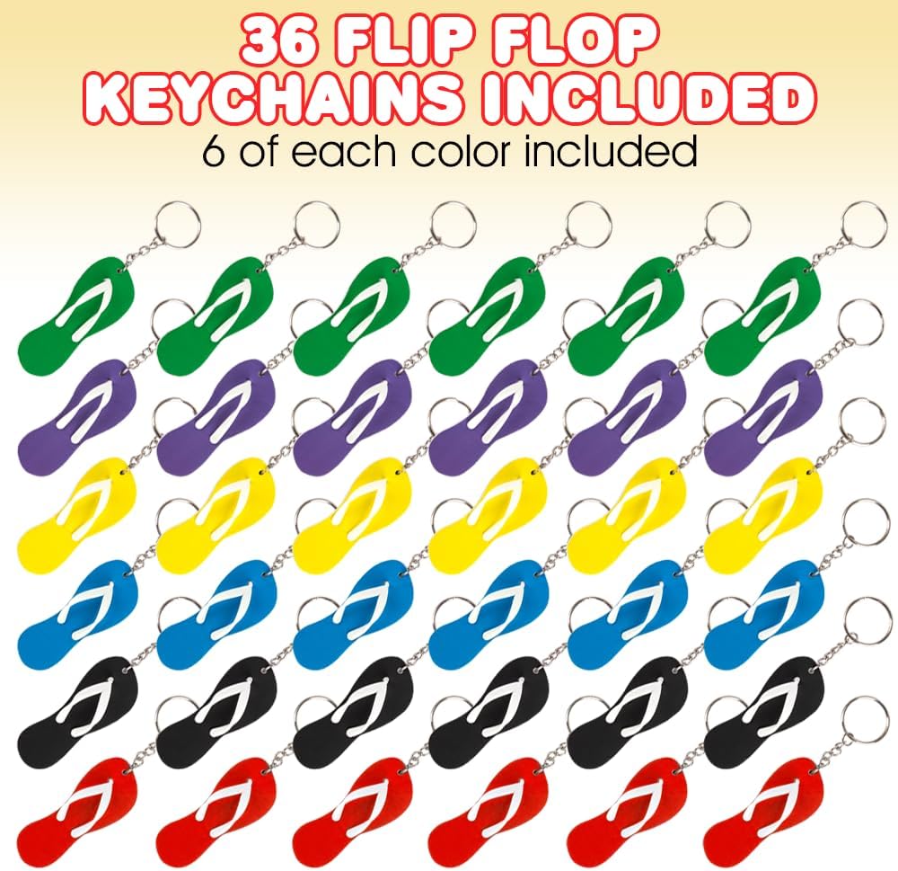 Flip Flop Keychains, Set of 36, Fun Key Chains for Backpack, Purse, Luggage, Great Giveaways for Birthday, Luau, Beach, and Pool Parties, Cool Goody Bag Fillers and Small Prizes for Kids