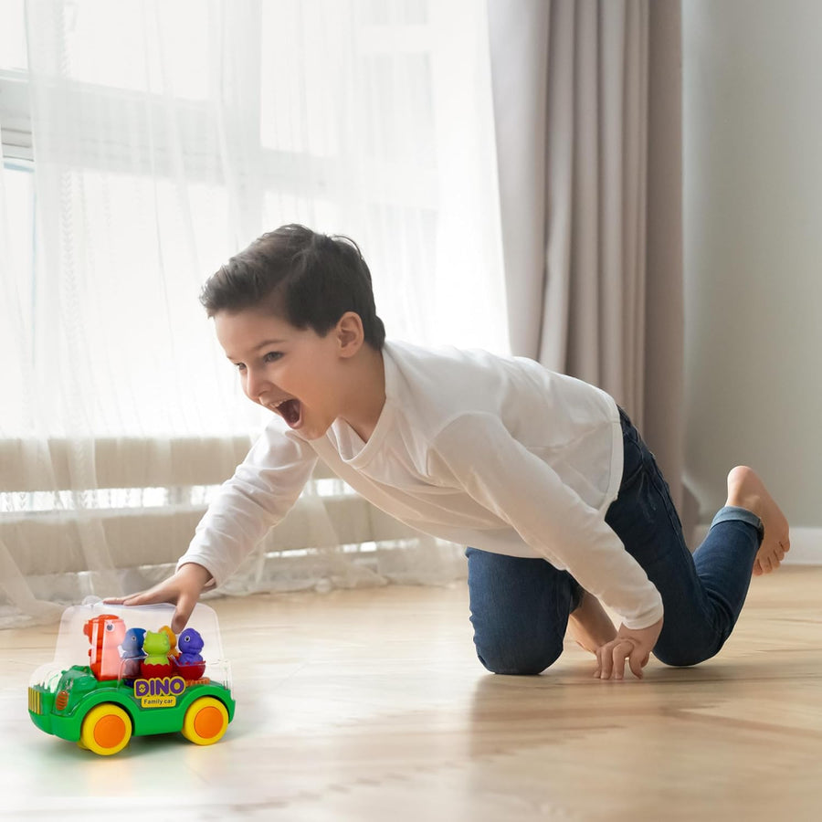 Light Up Dinosaur Car - Bump and Go Toy Car with Moving Gears, Music, Flashing LED's, and Engine Sounds