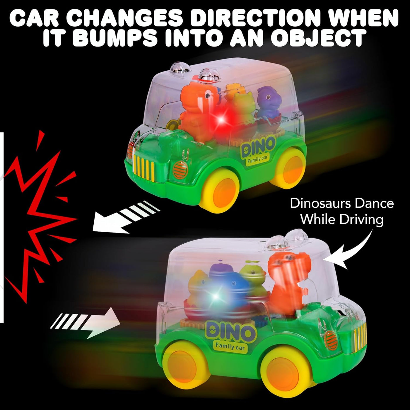 Light Up Dinosaur Car - Bump and Go Toy Car with Moving Gears, Music, Flashing LED's, and Engine Sounds