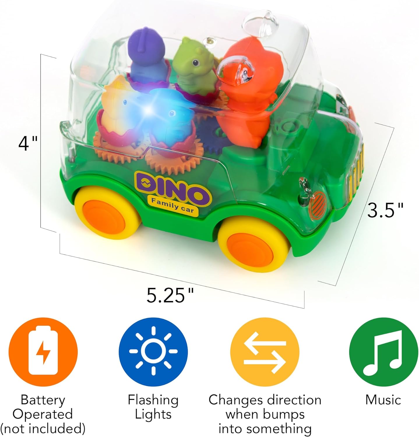 Light Up Dinosaur Car - Bump and Go Toy Car with Moving Gears, Music, Flashing LED's, and Engine Sounds
