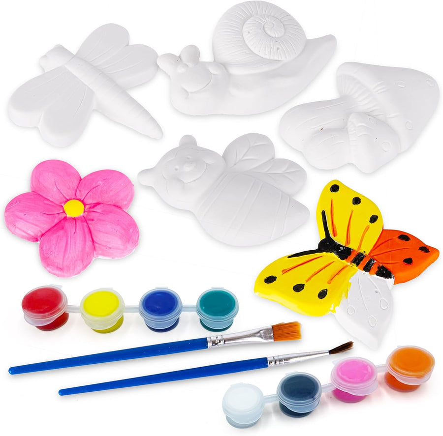 Insect Plaster Painting Kit for Kids - 6 Garden-Inspired Plaster Figurines, 2 Paint Sets, 2 Brushes, and 6 Circle Magnets for Display - 8 Different Paint Colors - Kids Painting Set