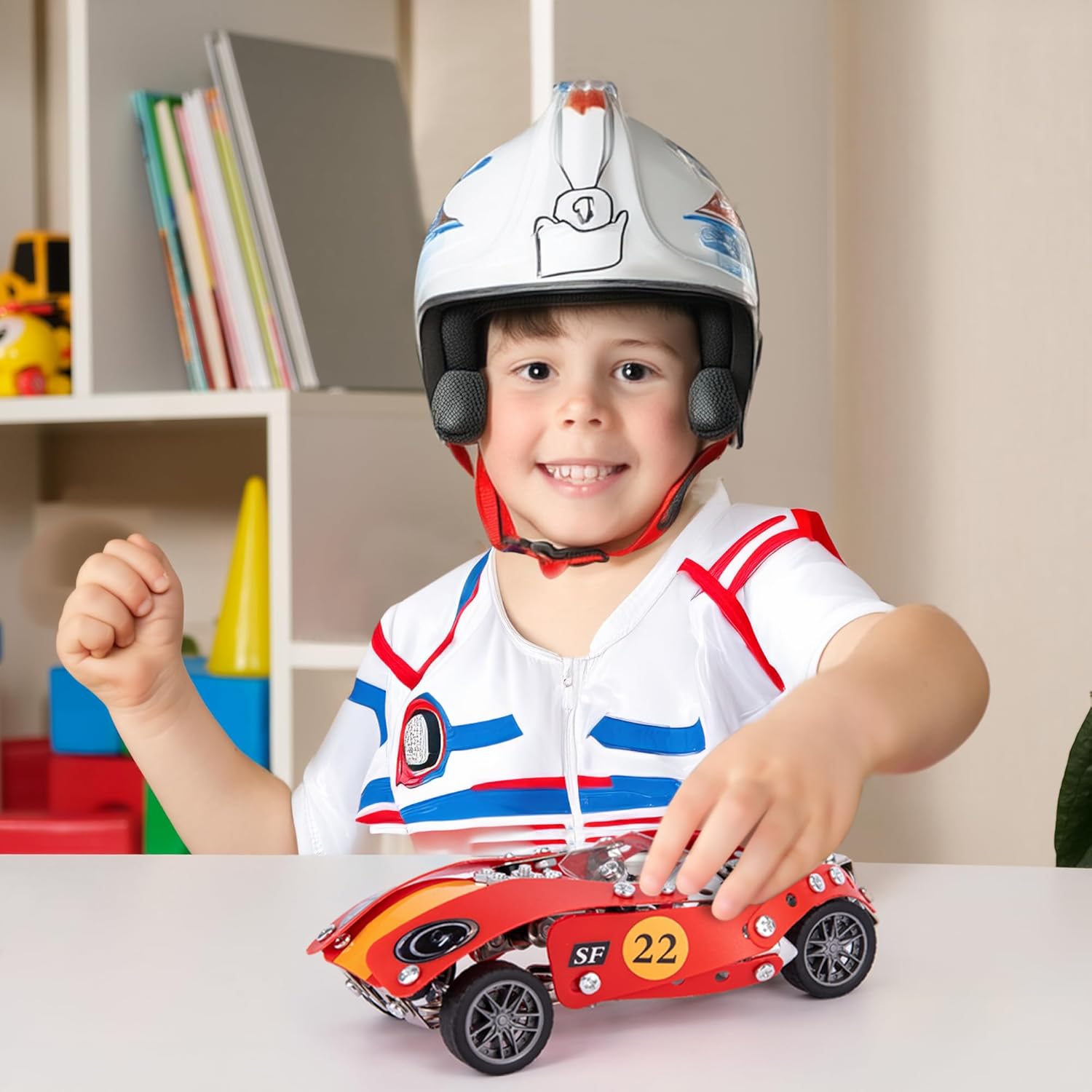 Metal Model Car Building Kit - 230 PC 3D Car Model Kit - STEM Metal Car Building Kit for Boys - Red Vintage Toy Racecar with Moving Wheels
