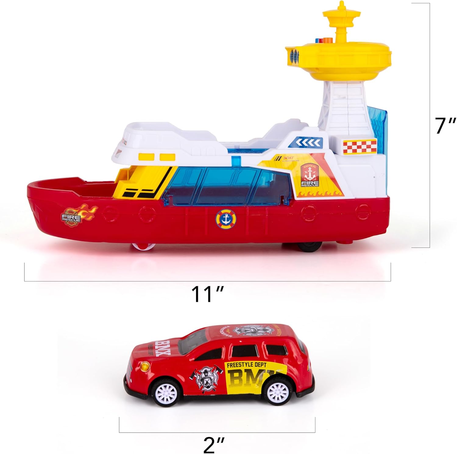 LED Ferry Boat Toy with Sounds - Colorful Coast Guard Toy Boat with Wheels & 3 Alloy Metal Cars