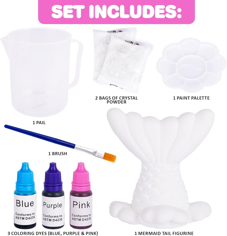 Mermaid Crystal Growing Craft Kit for Girls - Crystal Growing Craft Kit with Tail, Crystal Powder, Submerging Cup, 3 Bottles of Dye, Paintbrush, and Paint Tray