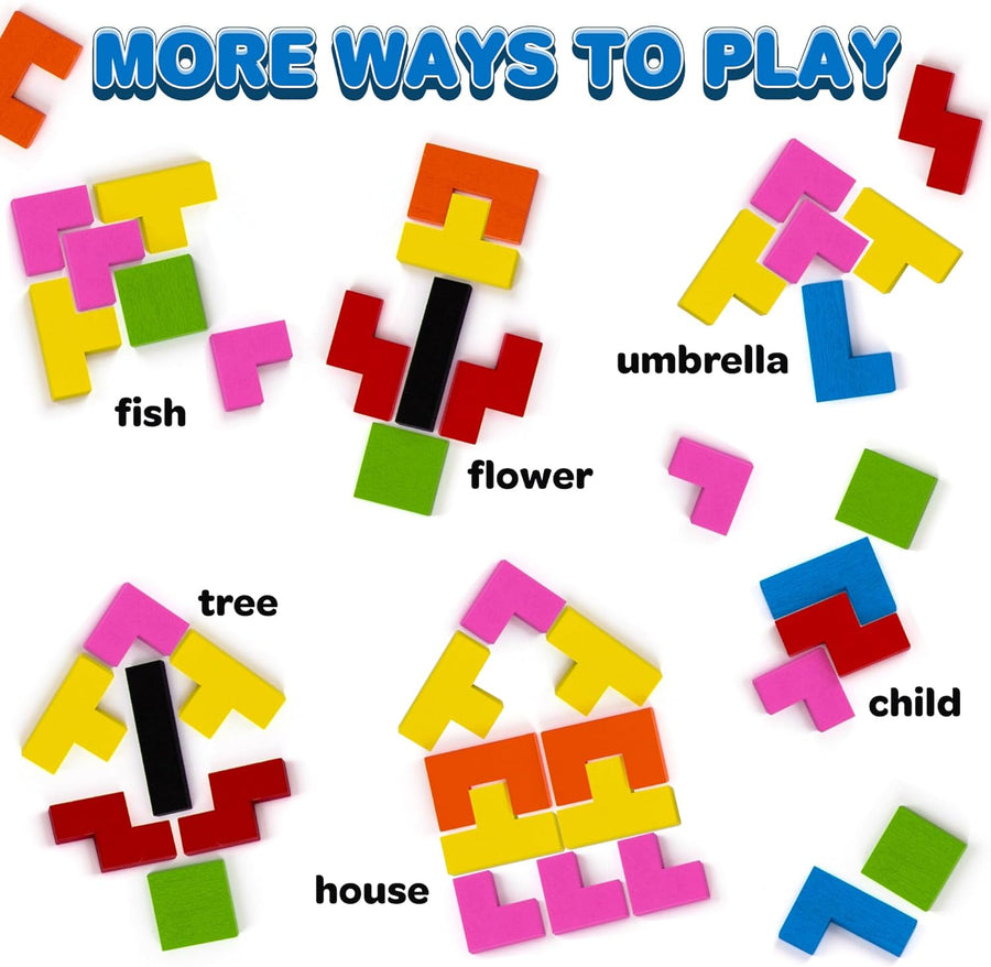 Wooden Block Puzzle for Kids - Montessori Puzzle with Wooden Board and Wooden Puzzle Pieces - 3D Tangram Puzzle for Ages 4 5 6 7 8 9 10