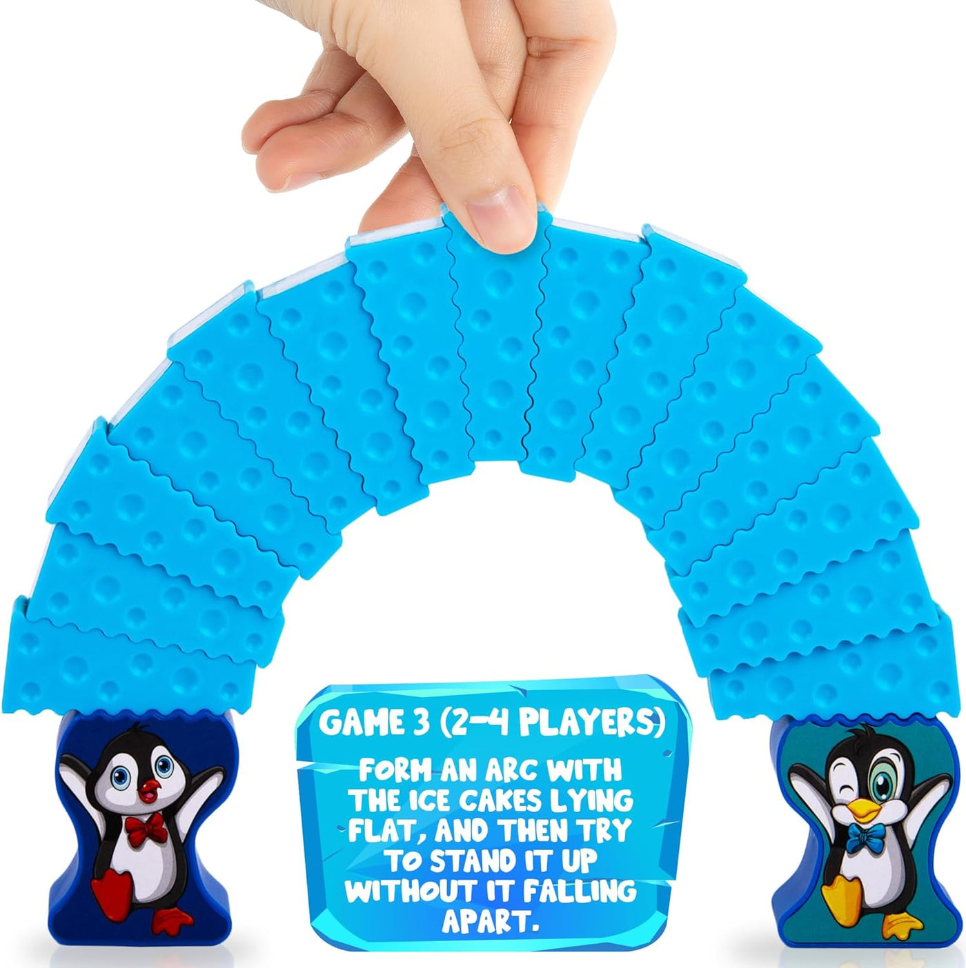 Stacking Penguin Ice Game for Kids - 20 Ice Stacking Toy Pieces, 2 Penguins, and Sticker Sheet - 3 Unique Challenges