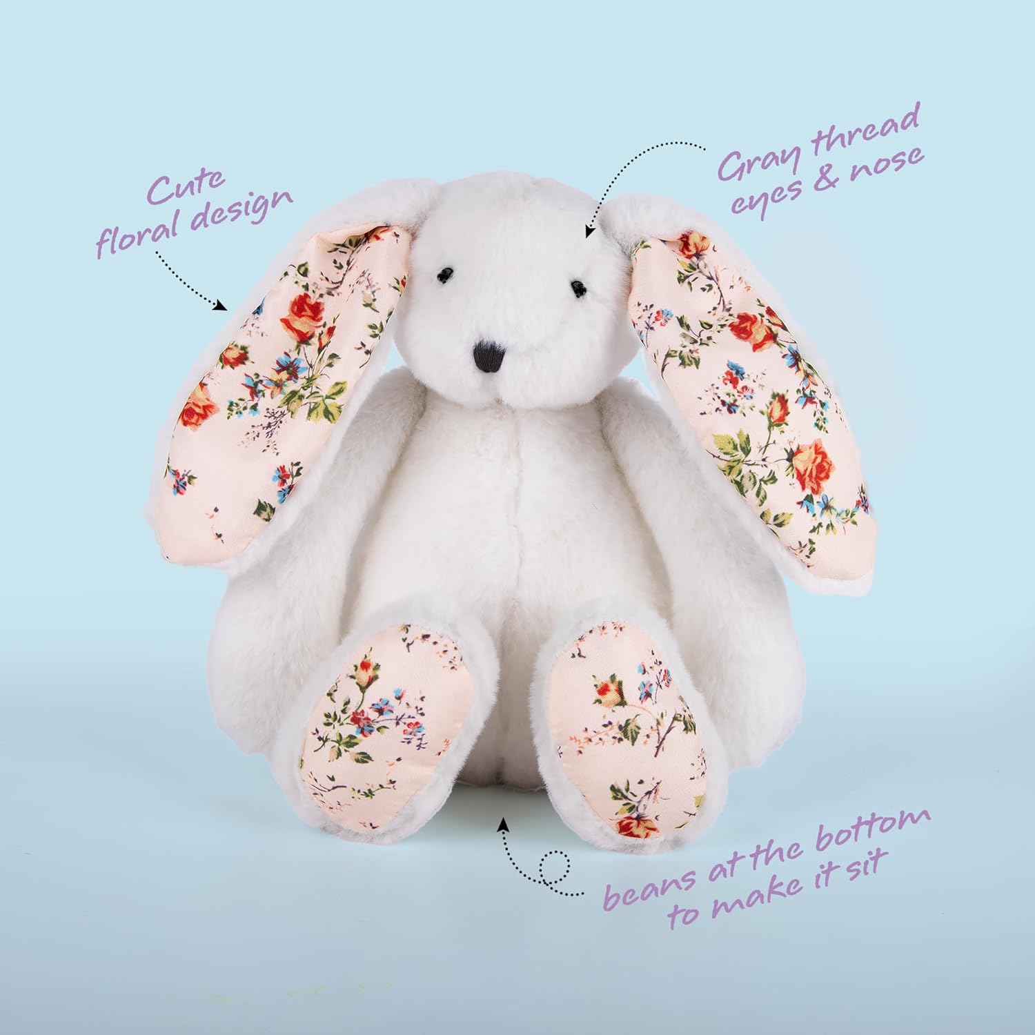 Easter Blossom Bunny Plush for Kids - 12 inches - White Stuffed Rabbit Plush Toy with Floral Print Feet for Boys and Girls