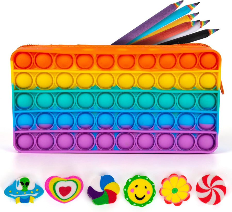 Pop It Pencil Case for Kids - Silicone Pop Up Pencil Case with 6 Colorful Pencils and 6 Erasers for Kids