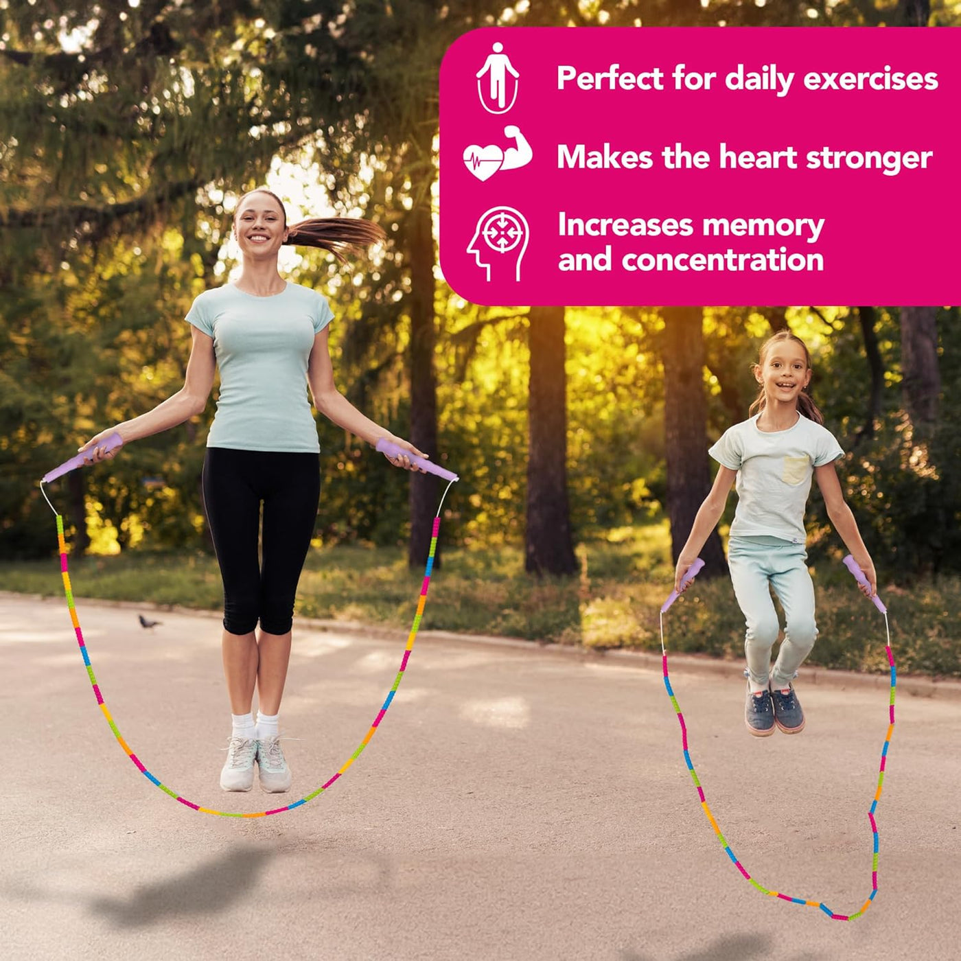 Beaded Jump Rope for Kids - Pack of 2 Kids' Jump Ropes - Skipping Rope for Kids with Bright Pink Handles and Multi-Colored Beads