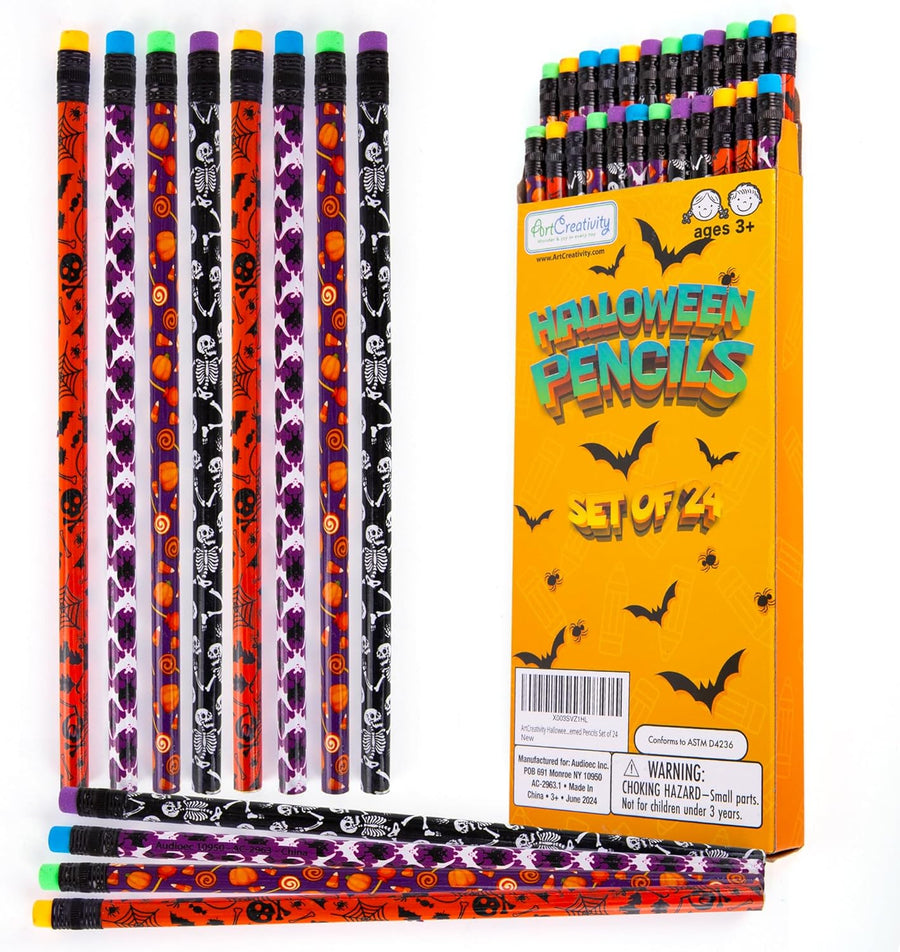Halloween Pencils for Kids - Set of 24 Halloween Pencils - Wooden Eraser-Topped Pencils in 4 Spooky Designs - Halloween Party Favors for Kids - Non-Candy Trick or Treat Handouts - Goodie Bag Stuffers