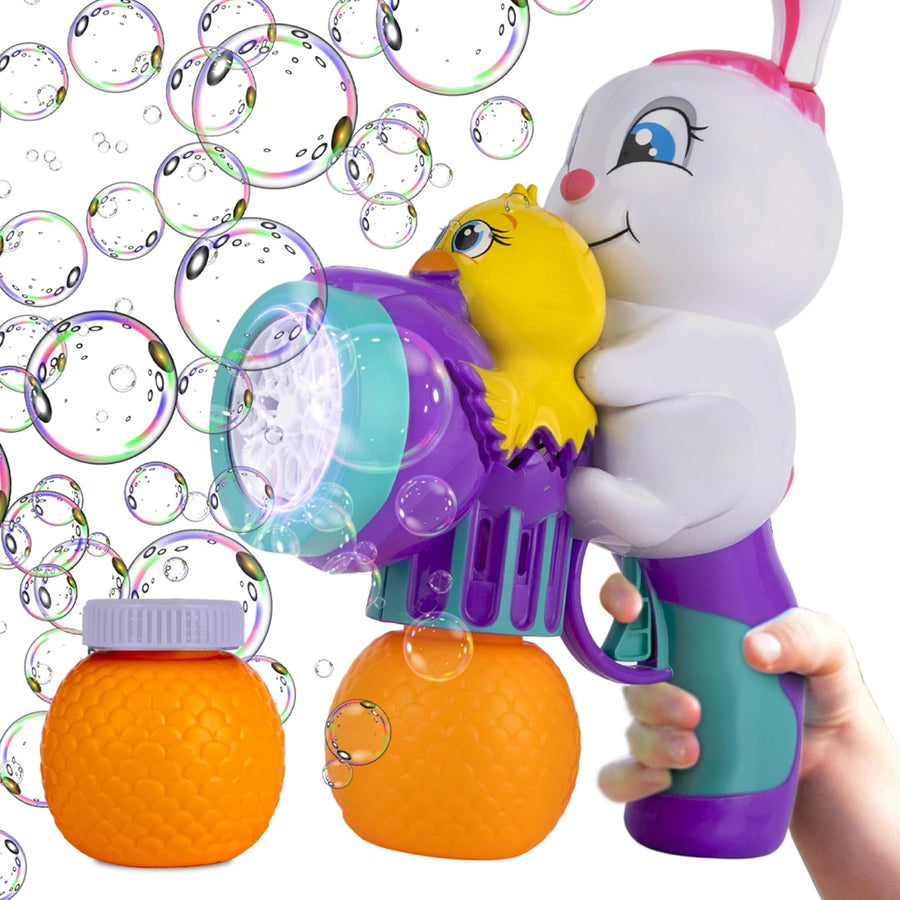 Easter Bunny Bubble Blaster Toy -Summer Outdoor Fun for Toddlers - Custom Cheerful Bunny & Chick Bubble Machine with Refill Solution, Lights & Batteries - Easter Basket Stocking Stuffers