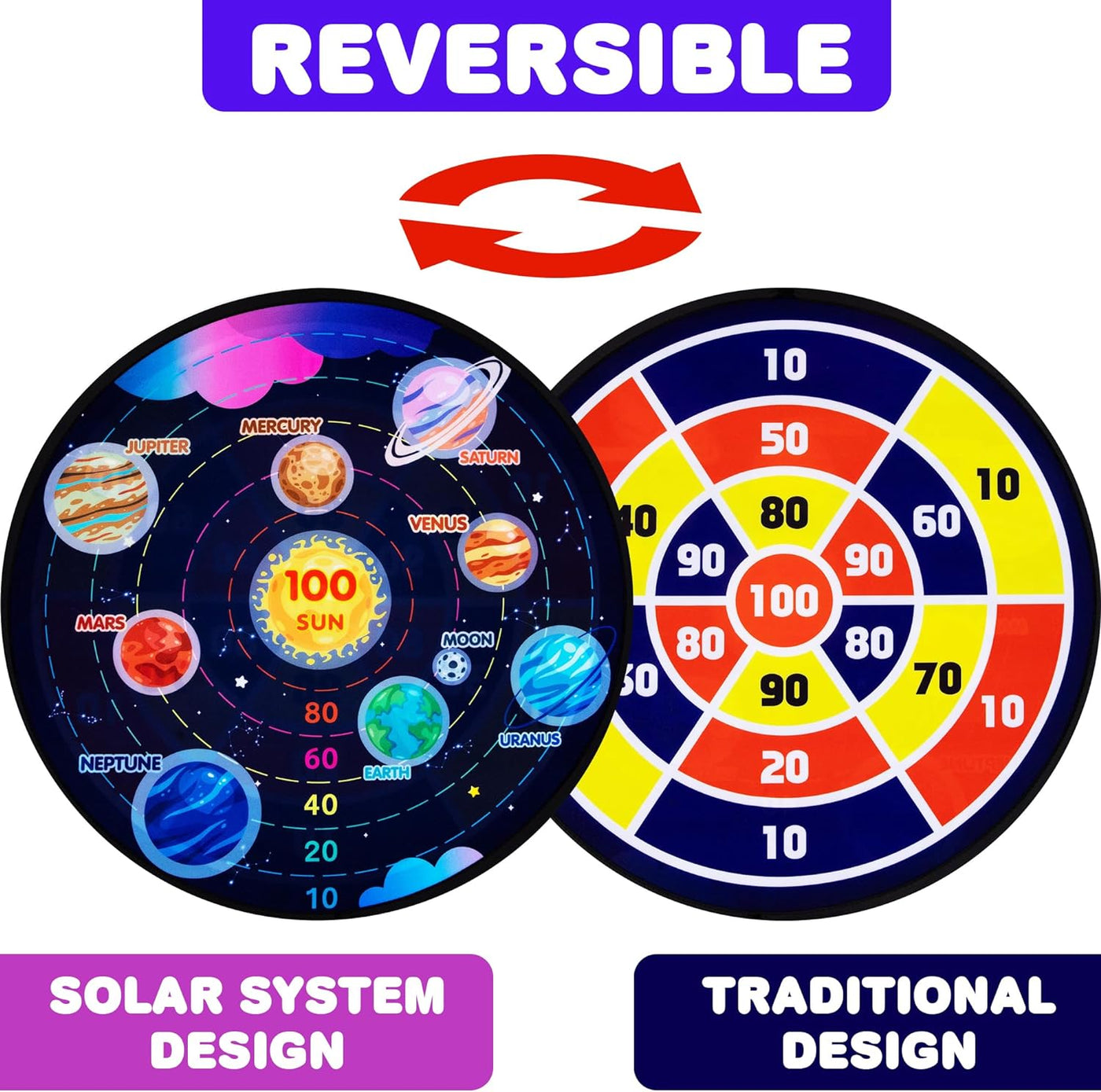 Large Reversible Dartboard for Kids - Velcro Dart Board with 12 Balls, 6 Darts, and 2 Hanging Hooks