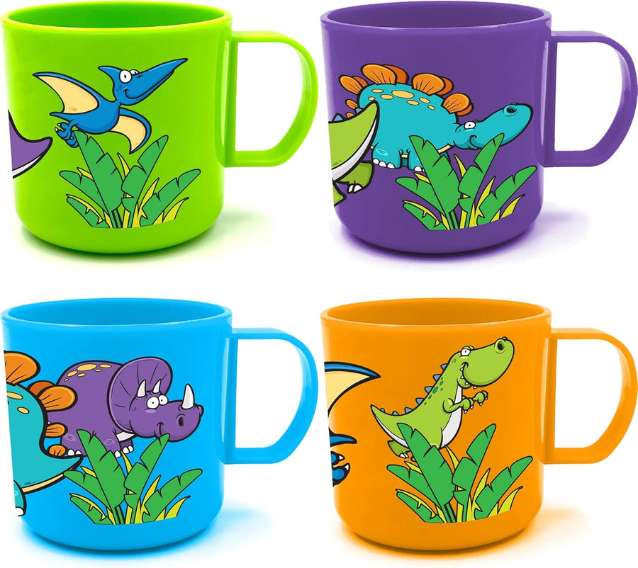 Dinosaur Mugs for Kids, Plastic Dino Cups, Set of 4 - Assorted Colors & Designs