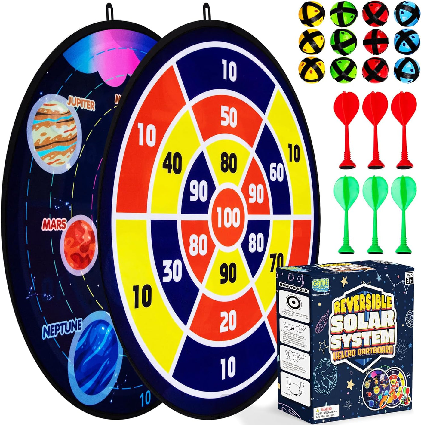 Large Reversible Dartboard for Kids - Velcro Dart Board with 12 Balls, 6 Darts, and 2 Hanging Hooks