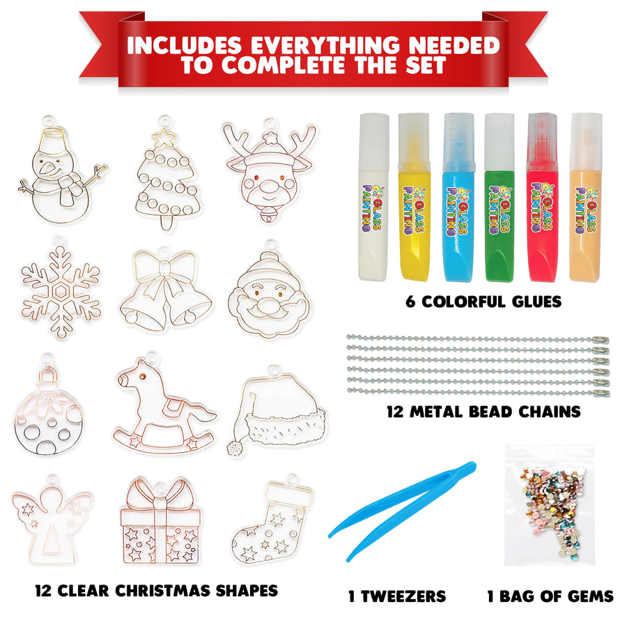 DIY Christmas Ornaments Kit for Kids - 12 Christmas Ornaments - Christmas Ornament Craft Includes Transparent Ornaments, 6 Colorful Glues, 12 Metal Keychains, 1 Bag of Gems, Tweezers
