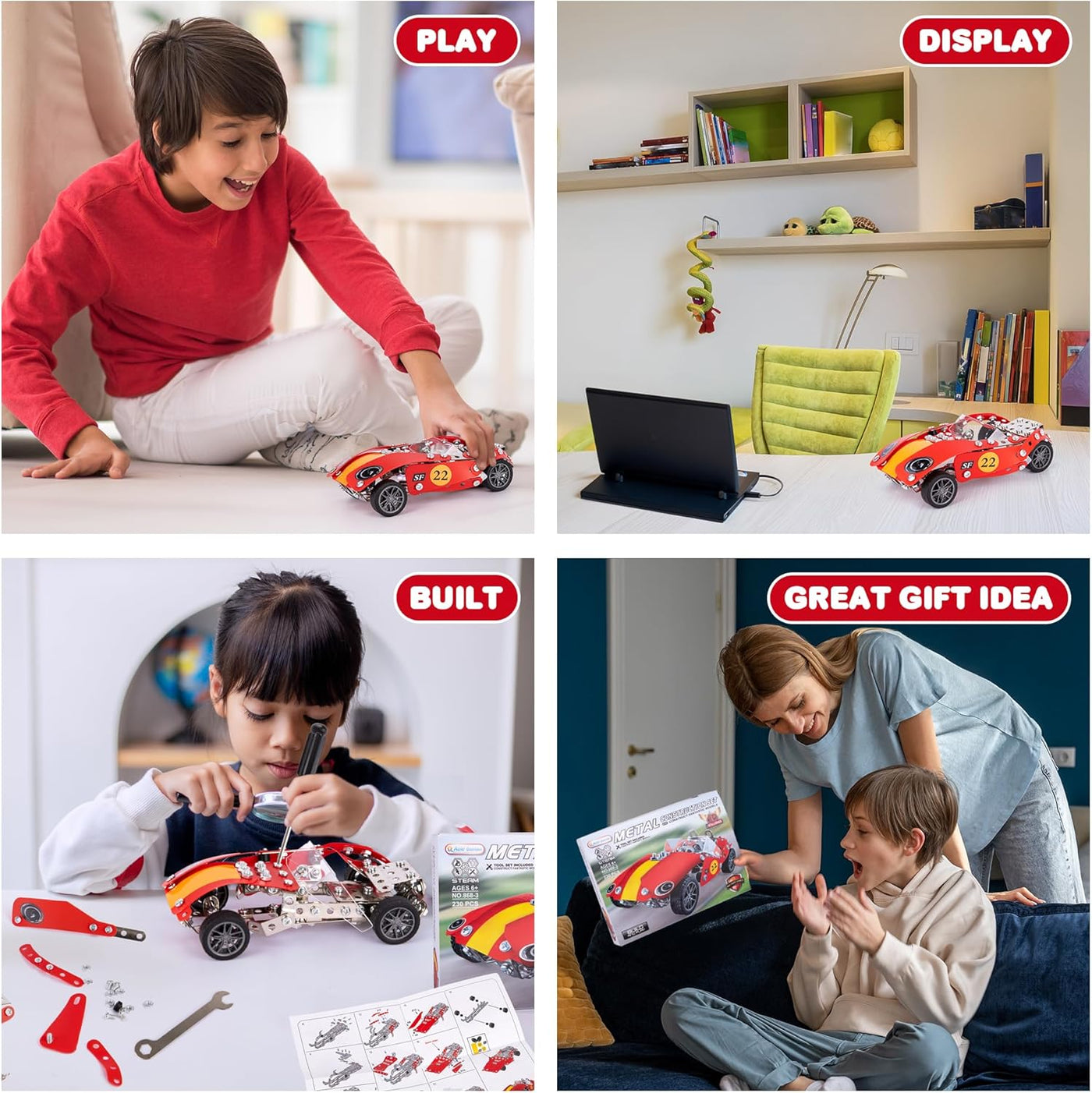 Metal Model Car Building Kit - 230 PC 3D Car Model Kit - STEM Metal Car Building Kit for Boys - Red Vintage Toy Racecar with Moving Wheels