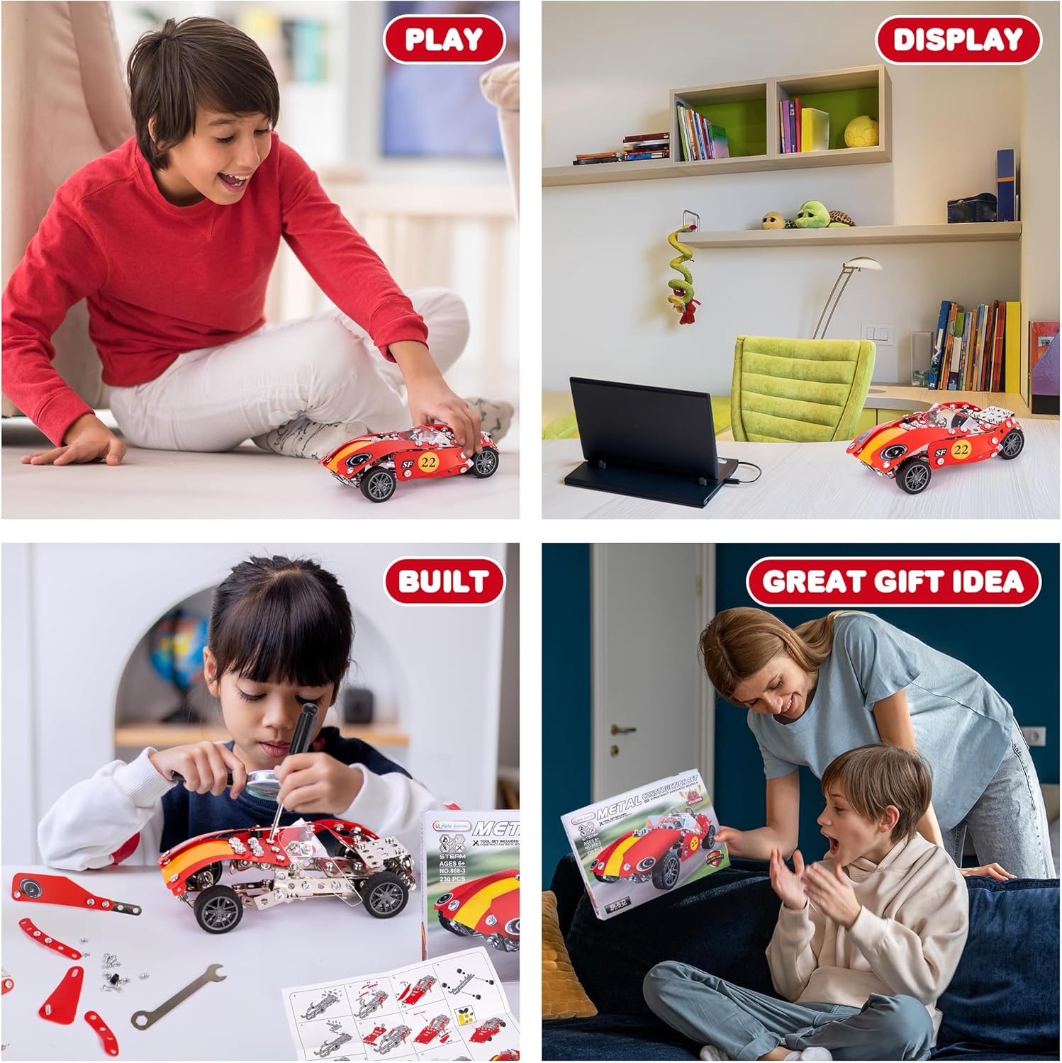 Metal Model Car Building Kit - 230 PC 3D Car Model Kit - STEM Metal Car Building Kit for Boys - Red Vintage Toy Racecar with Moving Wheels