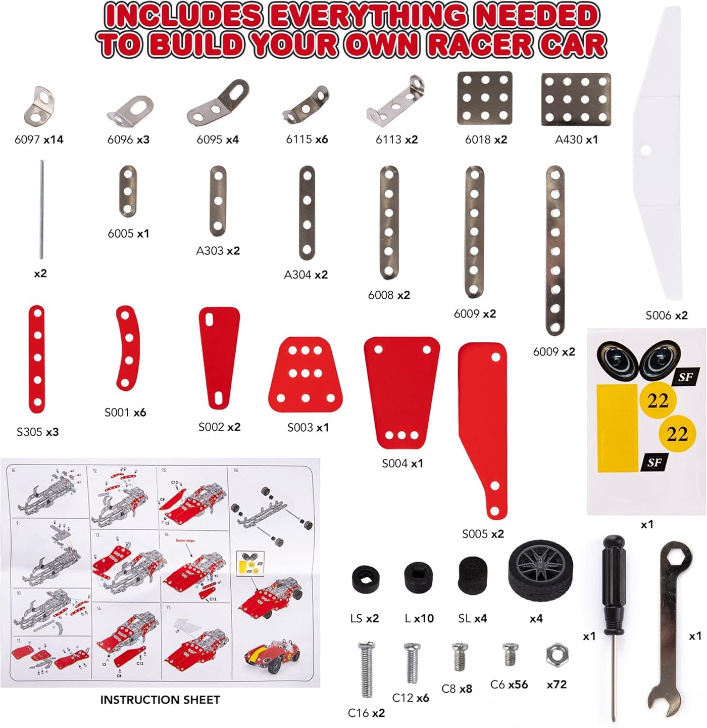 Metal Model Car Building Kit - 230 PC 3D Car Model Kit - STEM Metal Car Building Kit for Boys - Red Vintage Toy Racecar with Moving Wheels