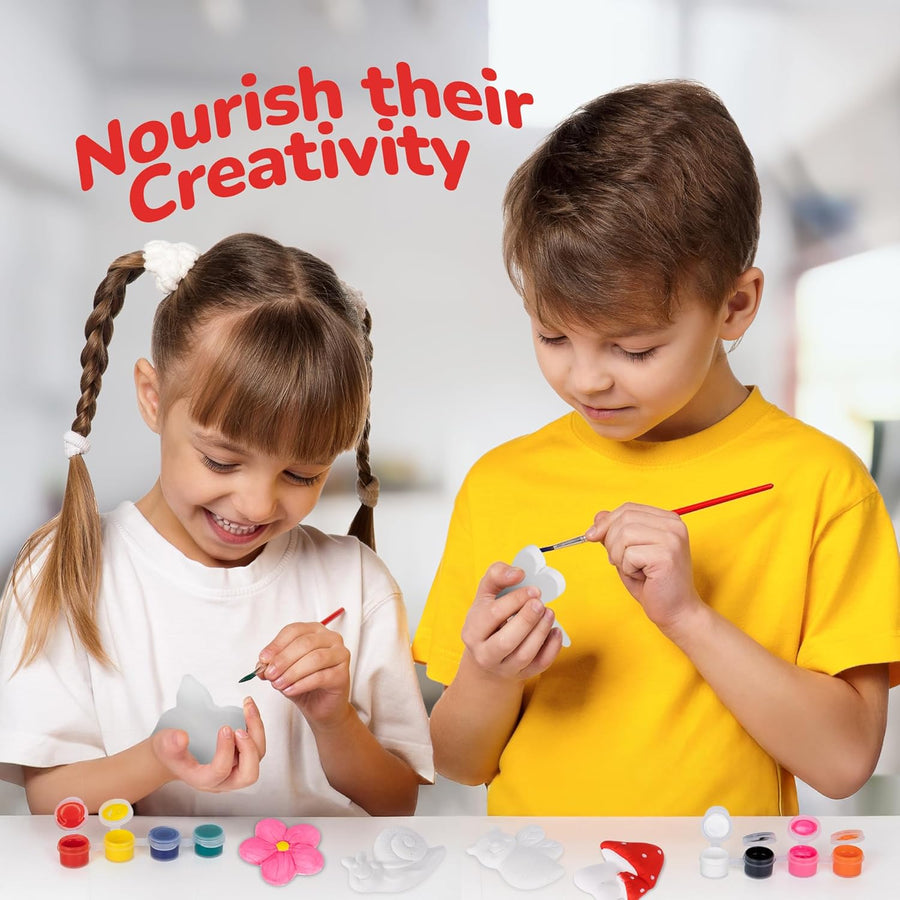 Insect Plaster Painting Kit for Kids - 6 Garden-Inspired Plaster Figurines, 2 Paint Sets, 2 Brushes, and 6 Circle Magnets for Display - 8 Different Paint Colors - Kids Painting Set