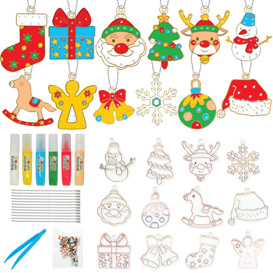 DIY Christmas Ornaments Kit for Kids - 12 Christmas Ornaments - Christmas Ornament Craft Includes Transparent Ornaments, 6 Colorful Glues, 12 Metal Keychains, 1 Bag of Gems, Tweezers