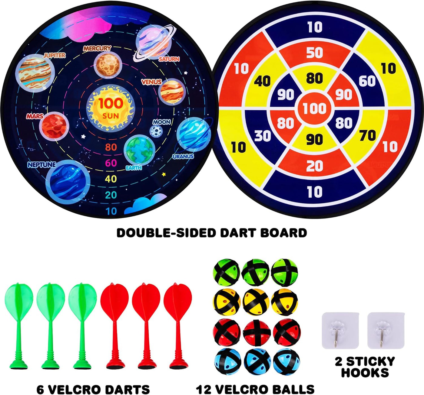 Large Reversible Dartboard for Kids - Velcro Dart Board with 12 Balls, 6 Darts, and 2 Hanging Hooks
