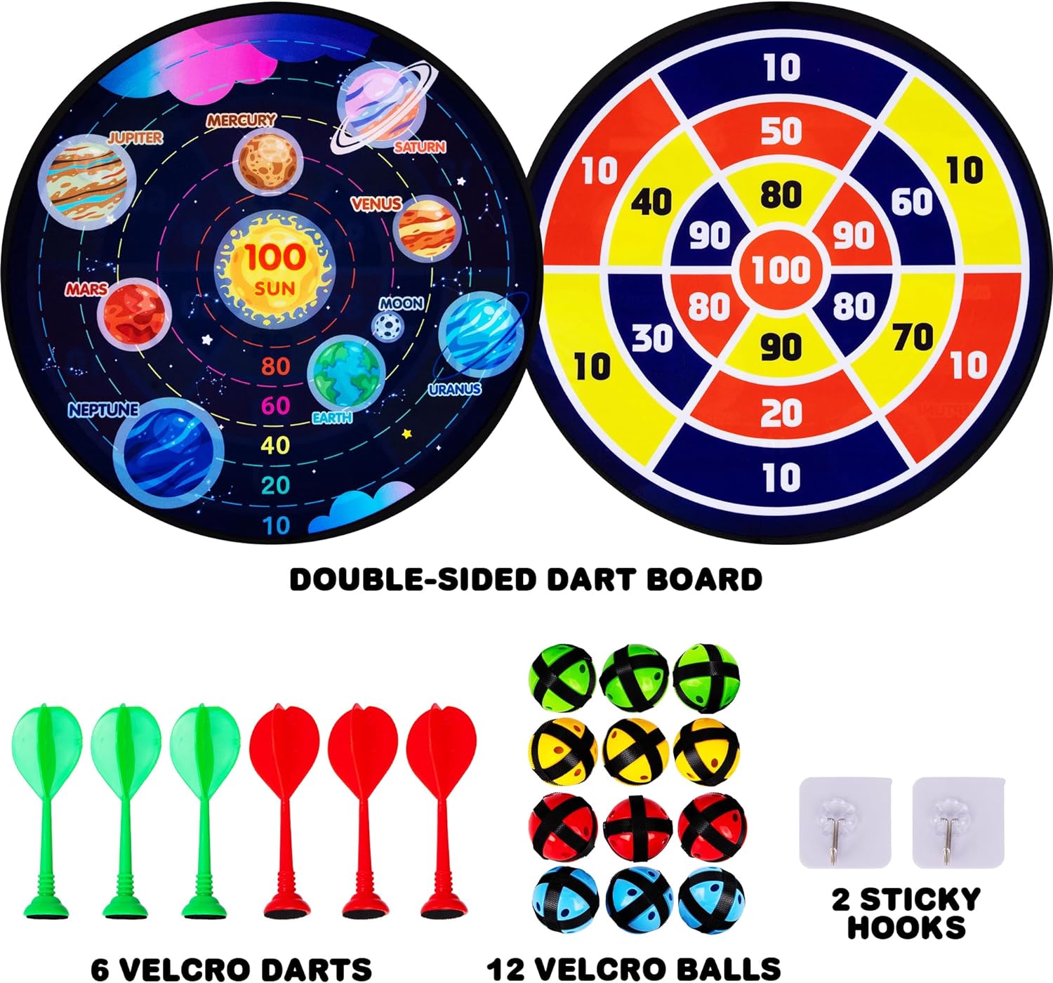 Large Reversible Dartboard for Kids - Velcro Dart Board with 12 Balls, 6 Darts, and 2 Hanging Hooks