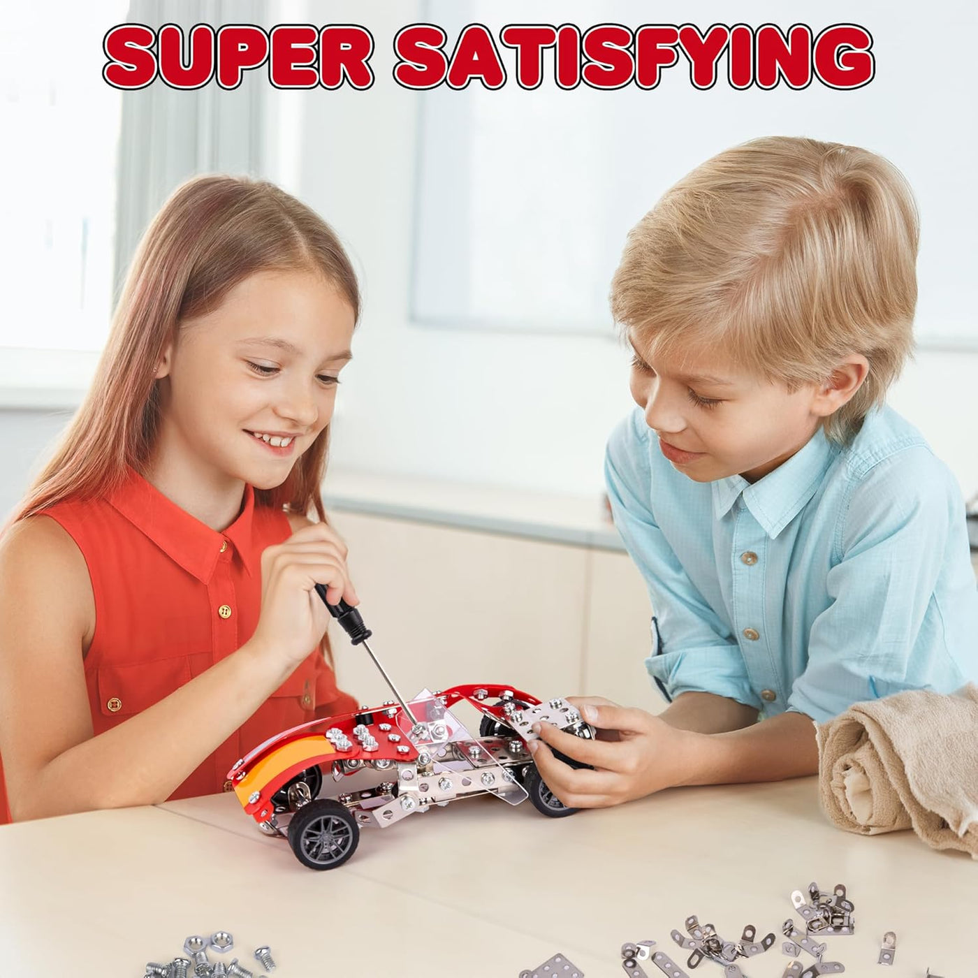 Metal Model Car Building Kit - 230 PC 3D Car Model Kit - STEM Metal Car Building Kit for Boys - Red Vintage Toy Racecar with Moving Wheels