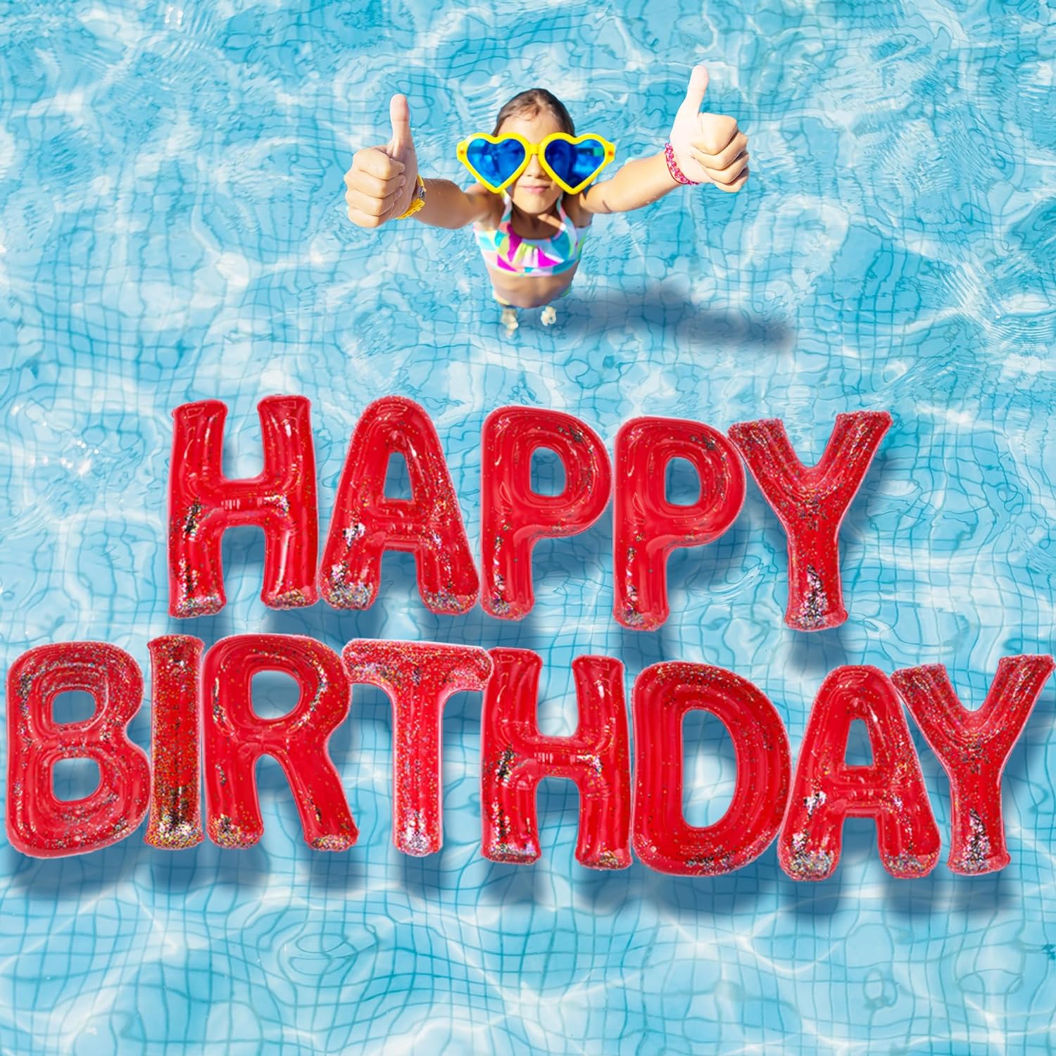 Happy Birthday Pool Party Decorations - Red Happy Birthday Pool Float with Confetti Inside - Large 20 Inch Floating Pool Letters with Velcro Ties