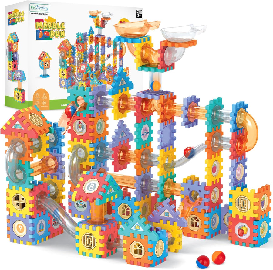 Kids Marble Run Set - 246 PCS Marble Race Track with Interlocking Building Blocks