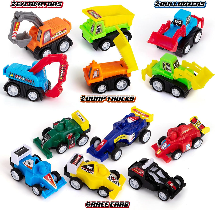 Mini Pull Back Vehicles (Bulk) - Set of 12 Mini Car and Contruction Trucks - Pull Back Car Toys for Kids with Construction Vehicles and Race Cars