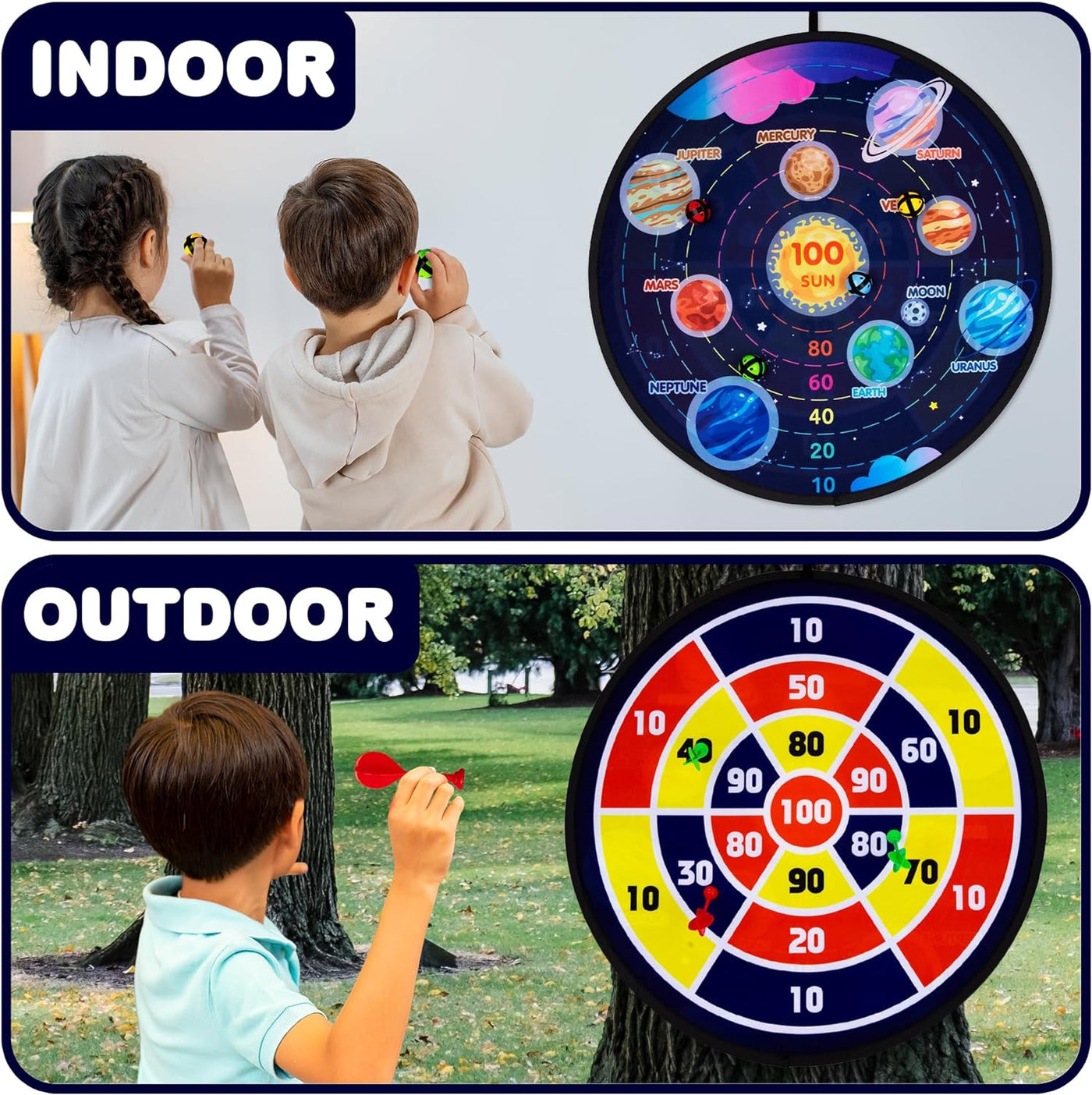 Large Reversible Dartboard for Kids - Velcro Dart Board with 12 Balls, 6 Darts, and 2 Hanging Hooks