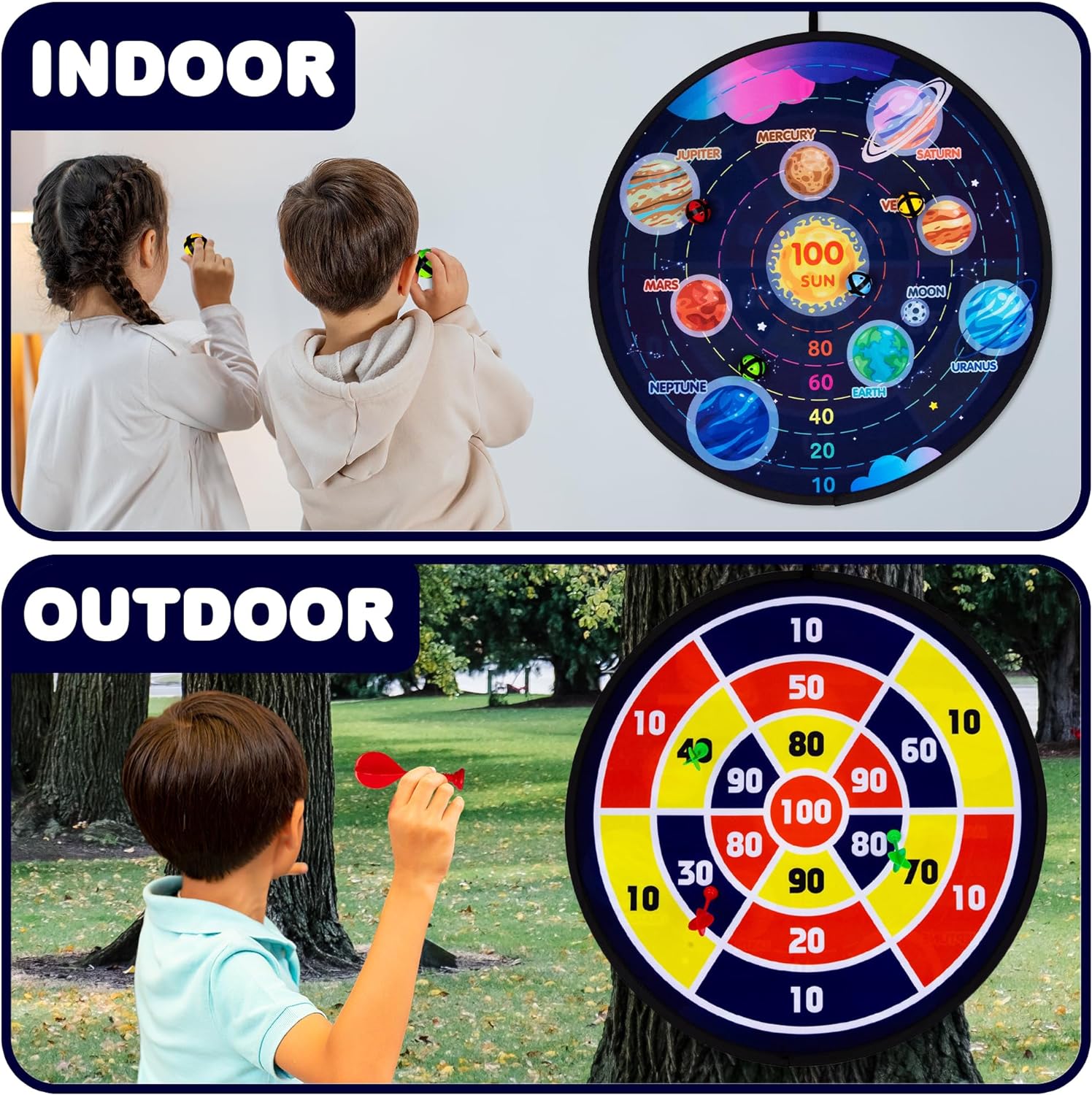 Large Reversible Dartboard for Kids - Velcro Dart Board with 12 Balls, 6 Darts, and 2 Hanging Hooks